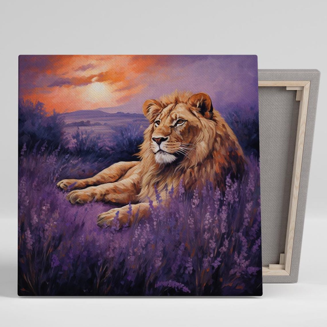 Regal Lion Resting In Lavender Field Purple Sunset Glow Nature Poster