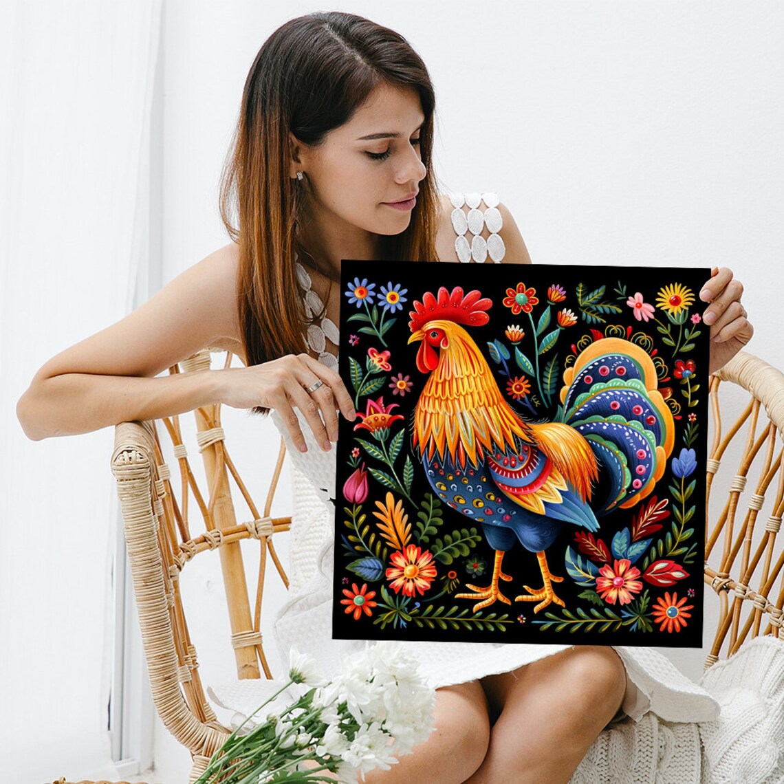 Rooster Bloom Folk Art Print, Rustic Farmhouse Decor - Image 3