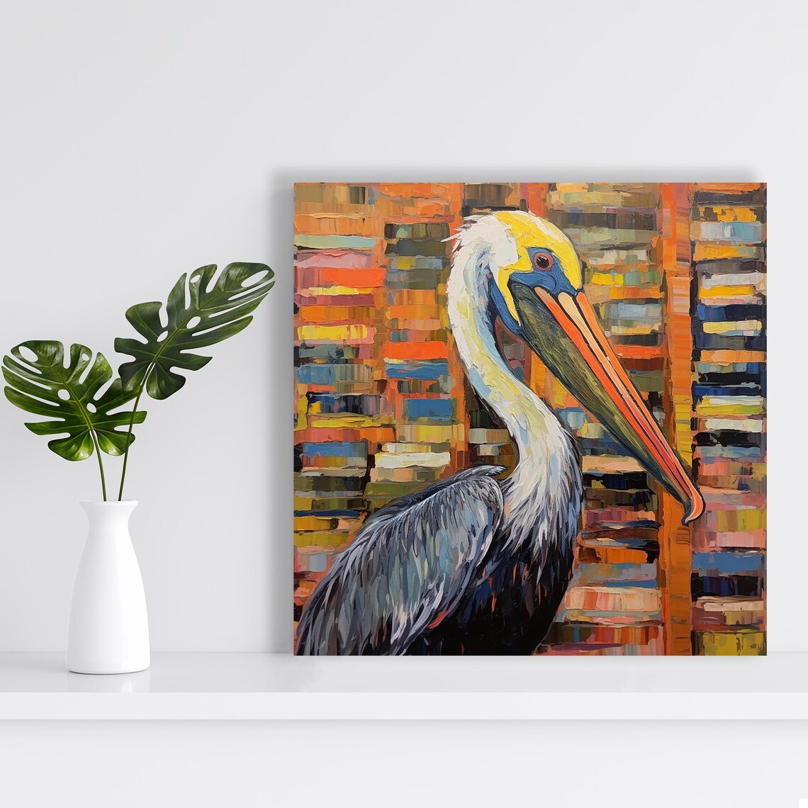 Pelican Portrait Palette Knife Orange Coastal Bird Vibrant Art Poster - Image 2