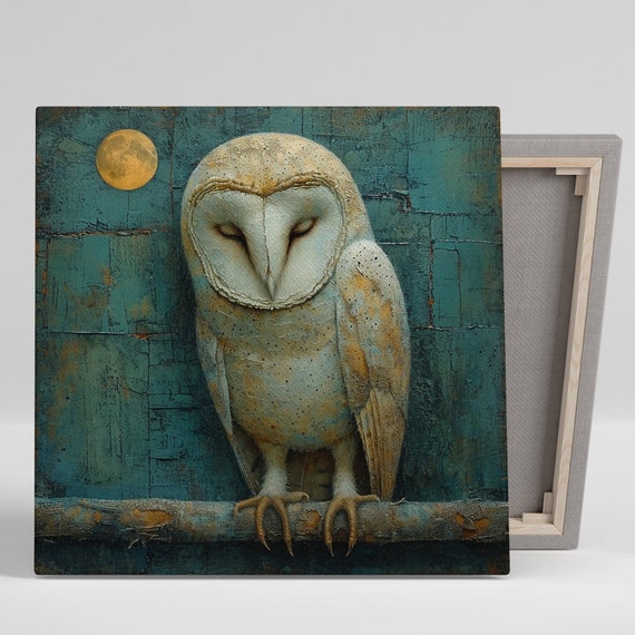 Owl Wall Art Or Poster Whimsical Rustic Modern Decor Living Room Bedroom Office Library Wall Art Teal White Gold Brown Design