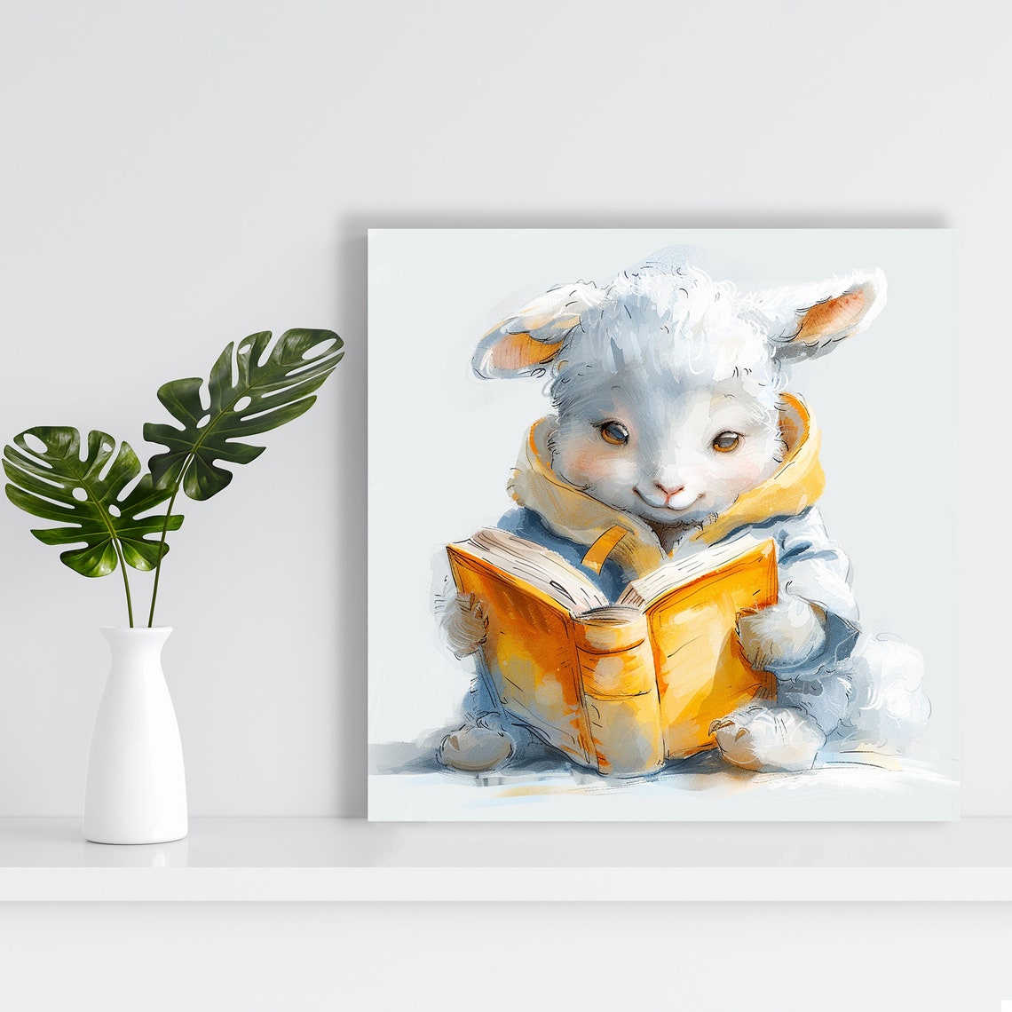 Sweet Lamb Reading Book Watercolor Scholarly Animal Wall Poster - Image 2
