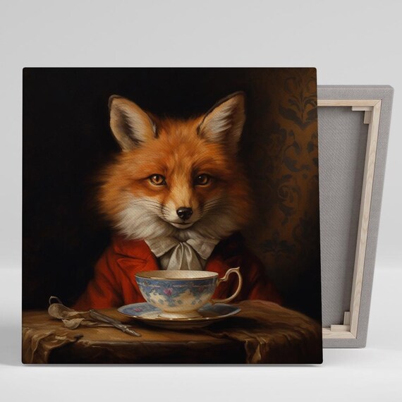 Gentleman Fox Tea Cup Vintage Victorian Portrait Red Coat Art Poster