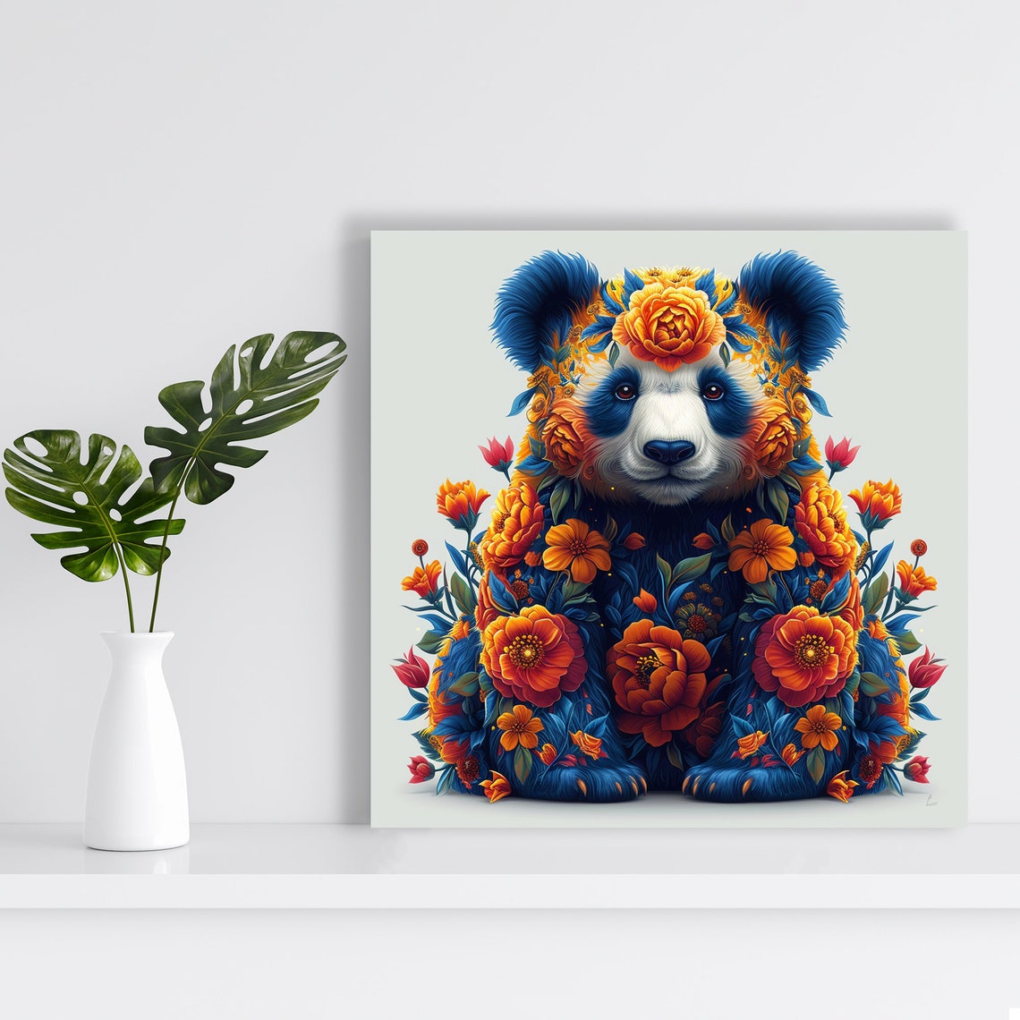 Vibrant Panda Covered in Blue Orange Flowers Folk Art Wall Poster - Image 2
