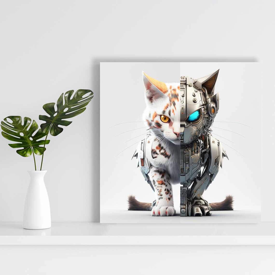 Cybernetic Half Cat Half Robot Portrait Split Sci Fi Pet Wall Art Poster - Image 2