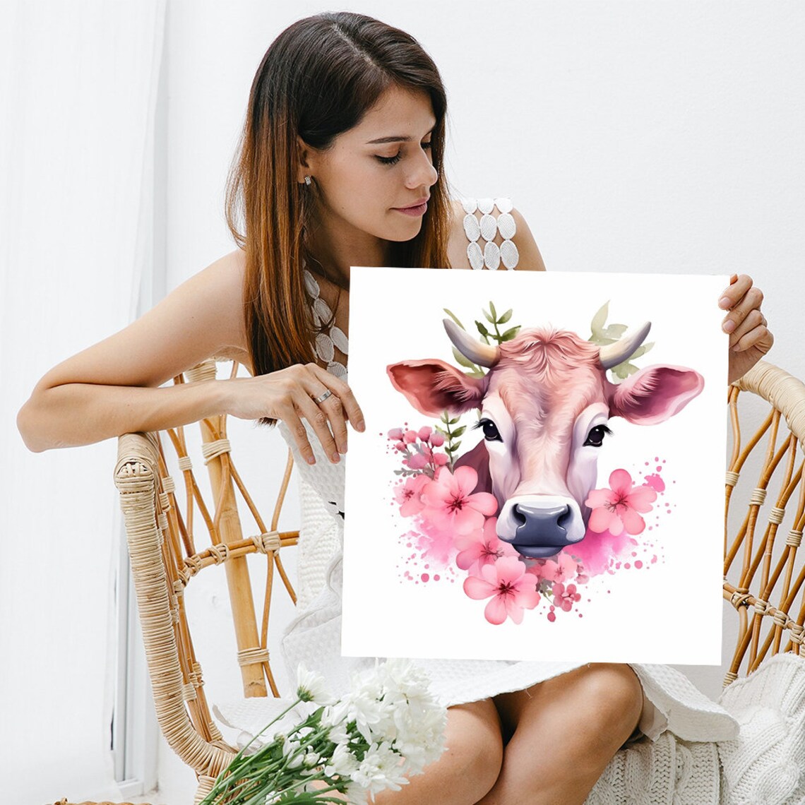 Pink Cow Portrait Blooming Flowers Watercolor Farmhouse Wall Art - Image 3