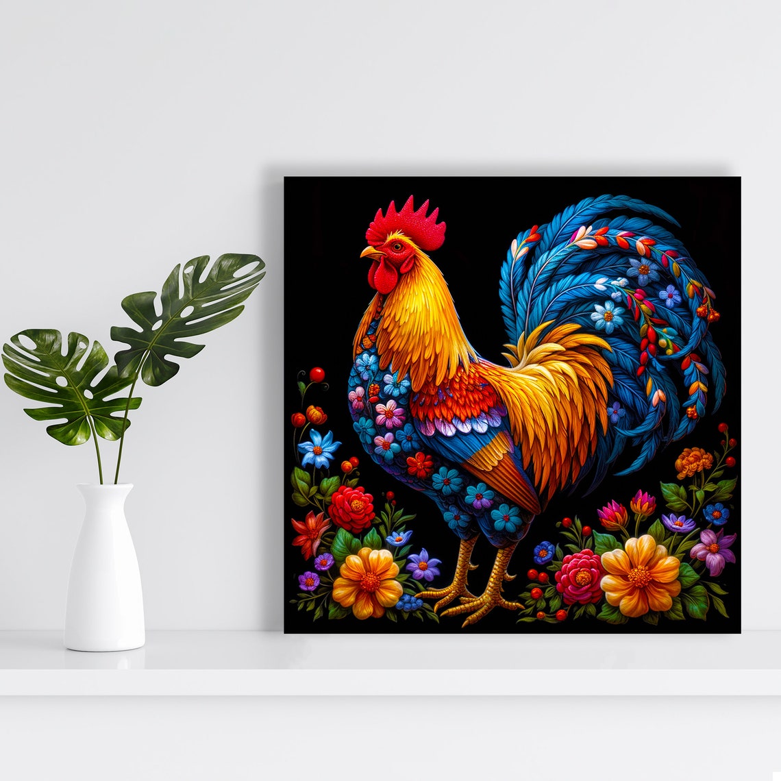 Colorful Rooster Folk Art With Blooming Flowers Black Poster - Image 2