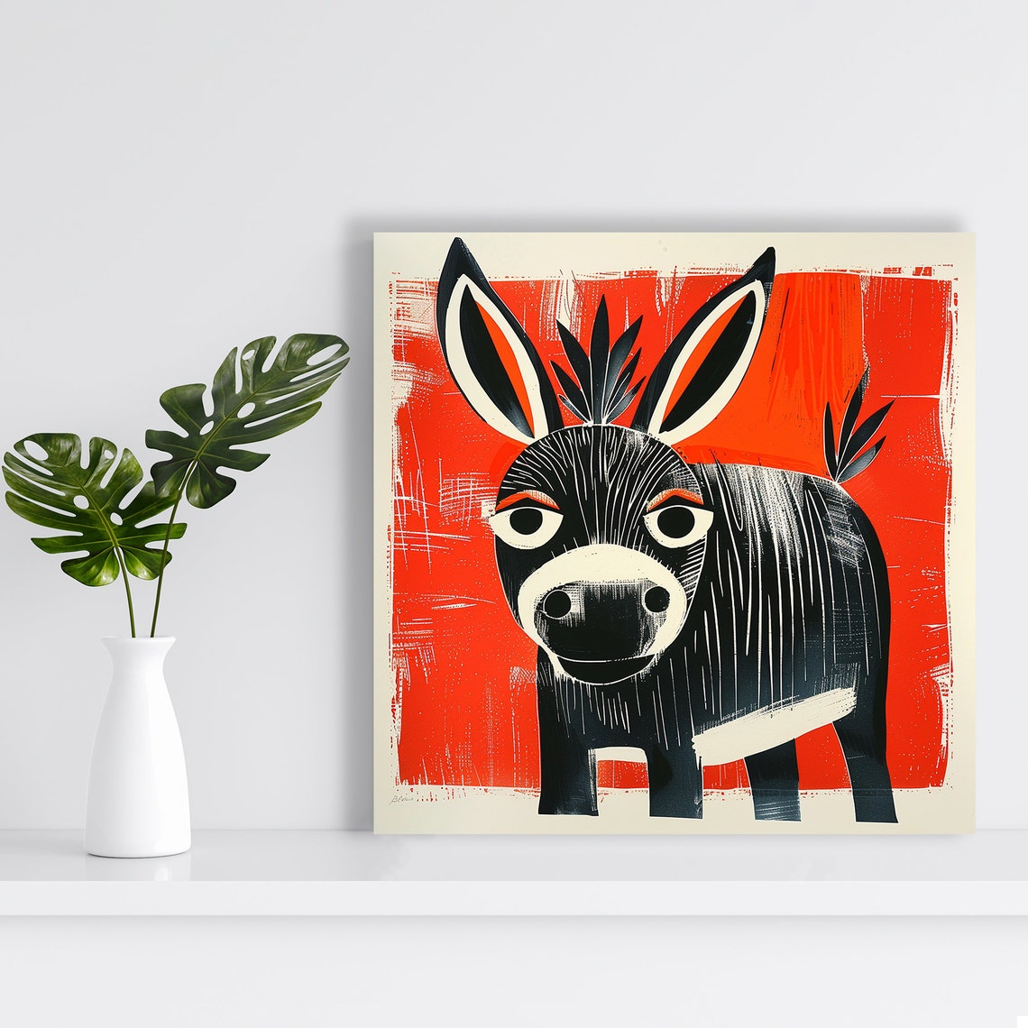 Black Donkey Bold Red Linework Folk Art Rustic Farm Wall Poster - Image 2