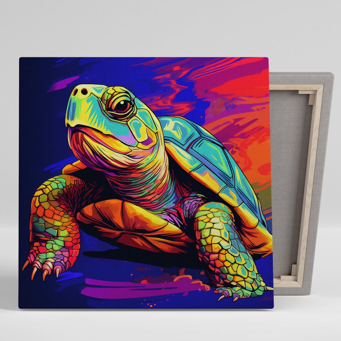 Neon Sea Turtle Swimming in Purple and Orange Ocean Art Poster