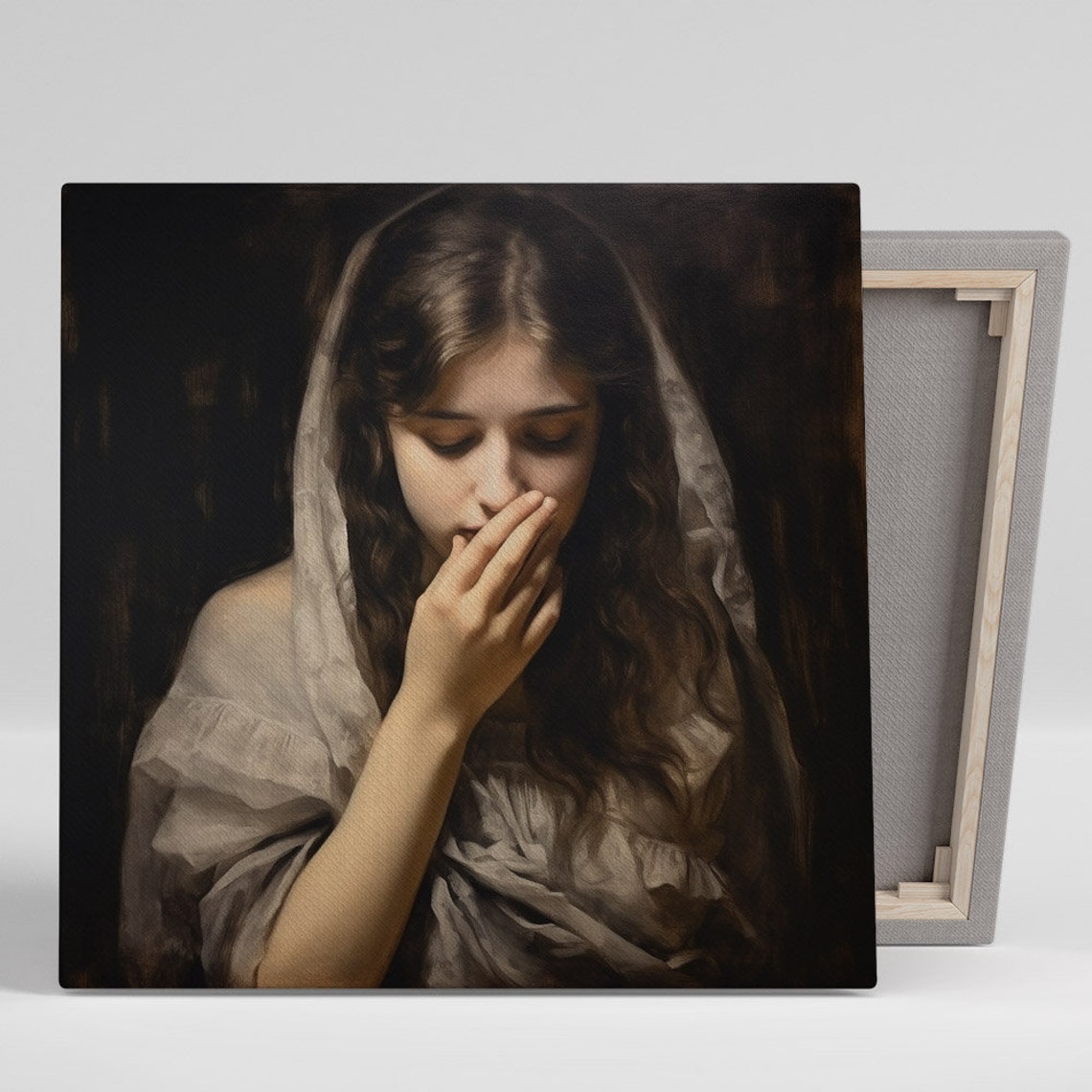 Classical Veiled Woman Hand To Mouth Dark Romantic Vintage Art Poster