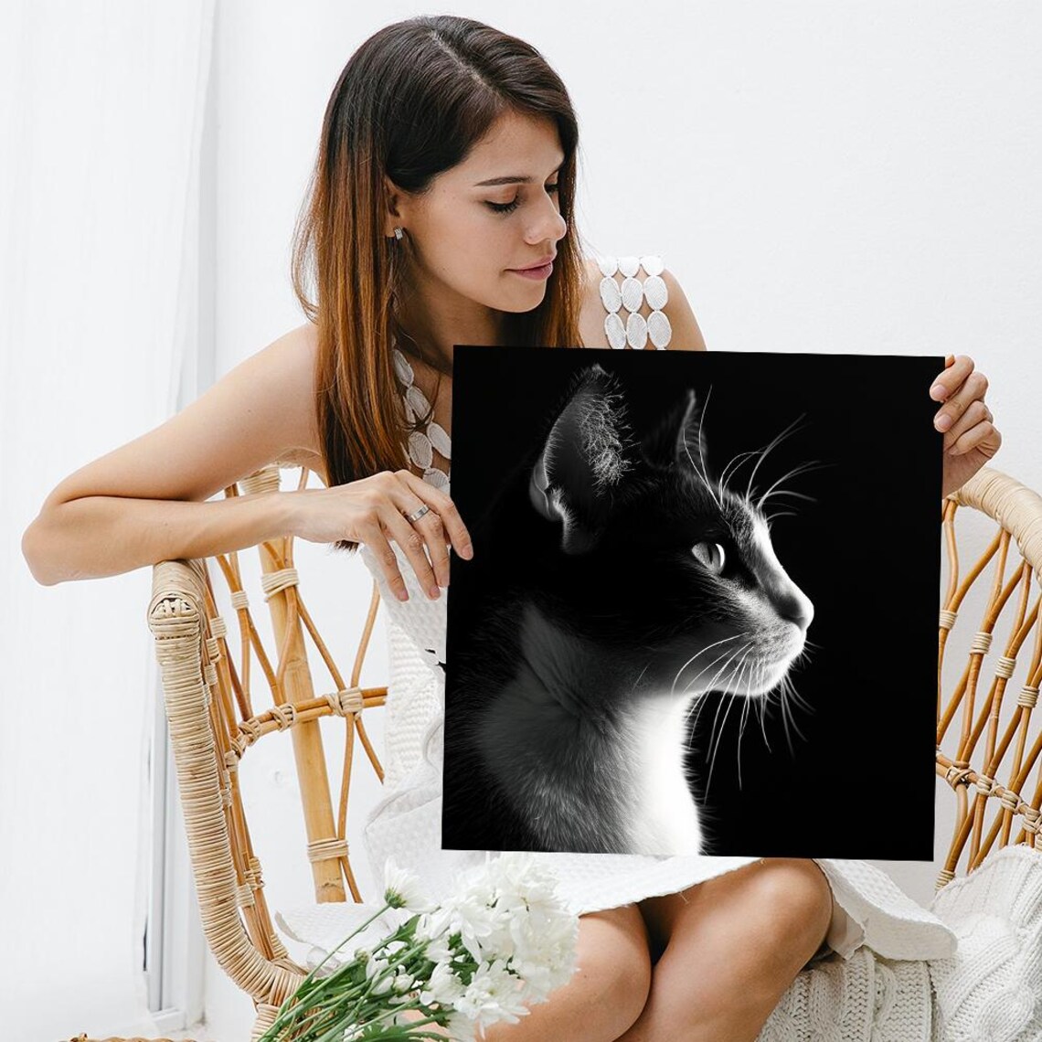Black and White Cat Profile Dramatic Light Fine Art Portrait Wall Art Poster - Image 3