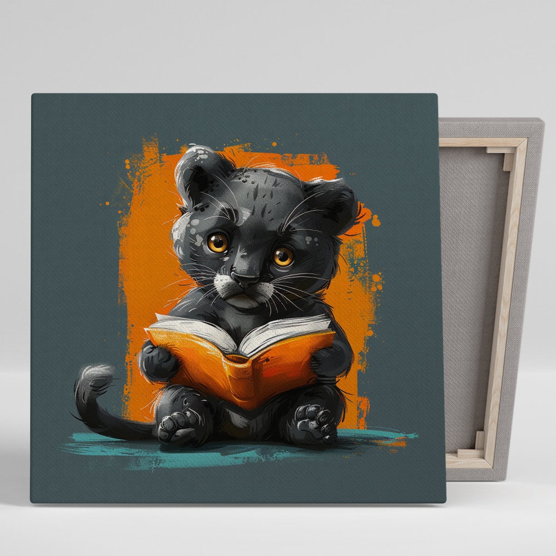 Black Panther Cub Reading Book Cute Nursery Teal Orange Poster