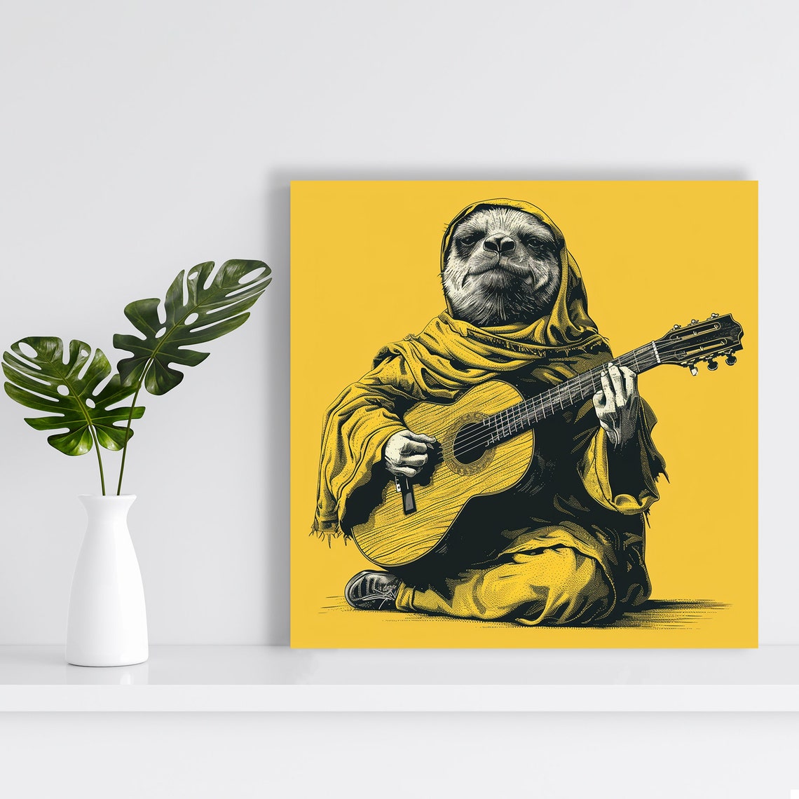 Sloth Playing Acoustic Guitar Mustard Yellow Boho Music Wall Art - Image 2