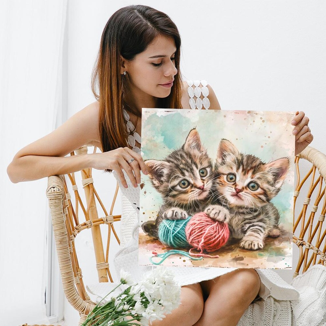 Two Tabby Kittens Playing Yarn Balls Sweet Watercolor Nursery Cat Poster - Image 3