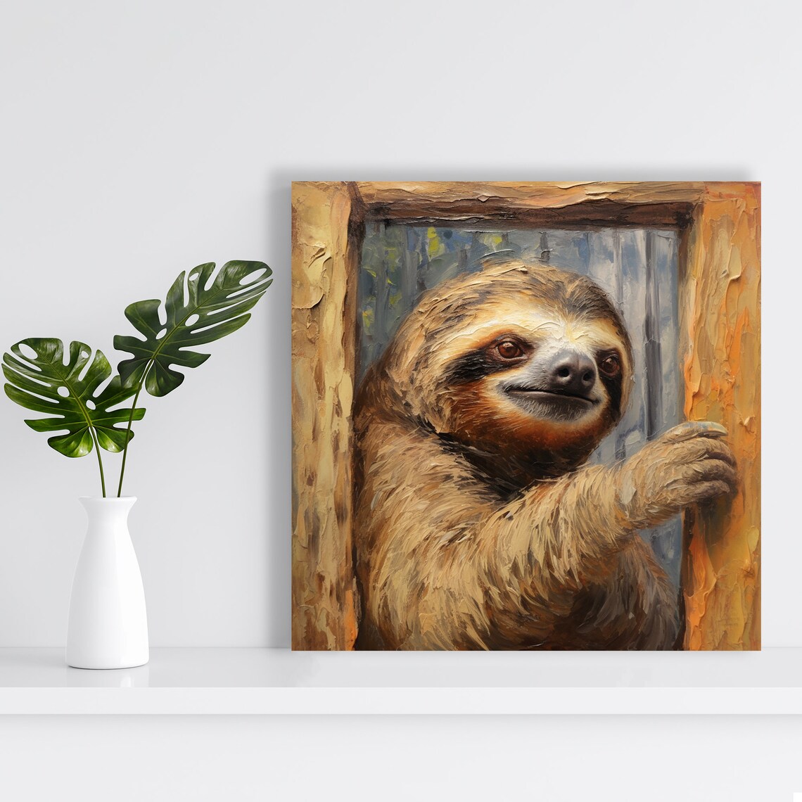 Sloth Oil Painting Wooden Frame Warm Brown Portrait Cozy Animal Wall Art - Image 2