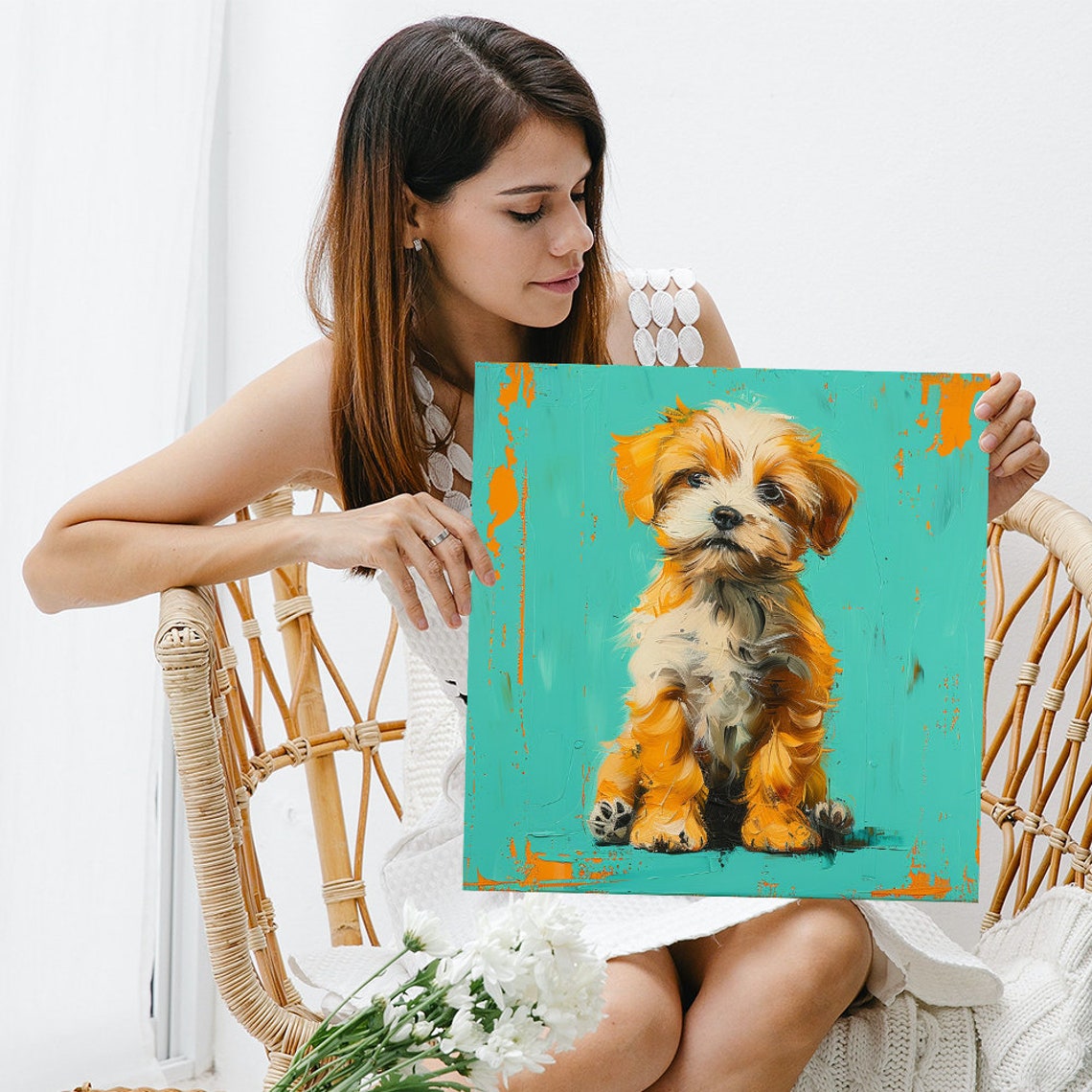 Fluffy Puppy Sitting Teal Background Sweet Painted Portrait Dog Poster - Image 3