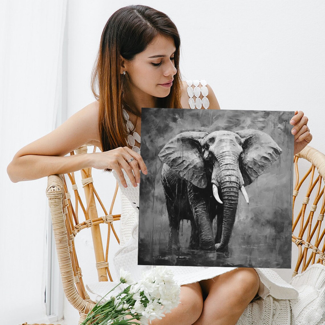 Majestic Elephant in Black and White Misty Wildlife Art Poster - Image 3