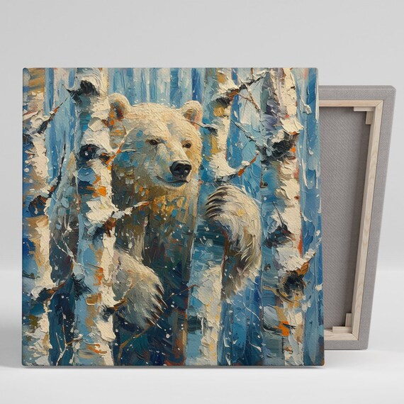 Polar Bear Birch Forest Poster Impasto Snowy Winter Wildlife Decor