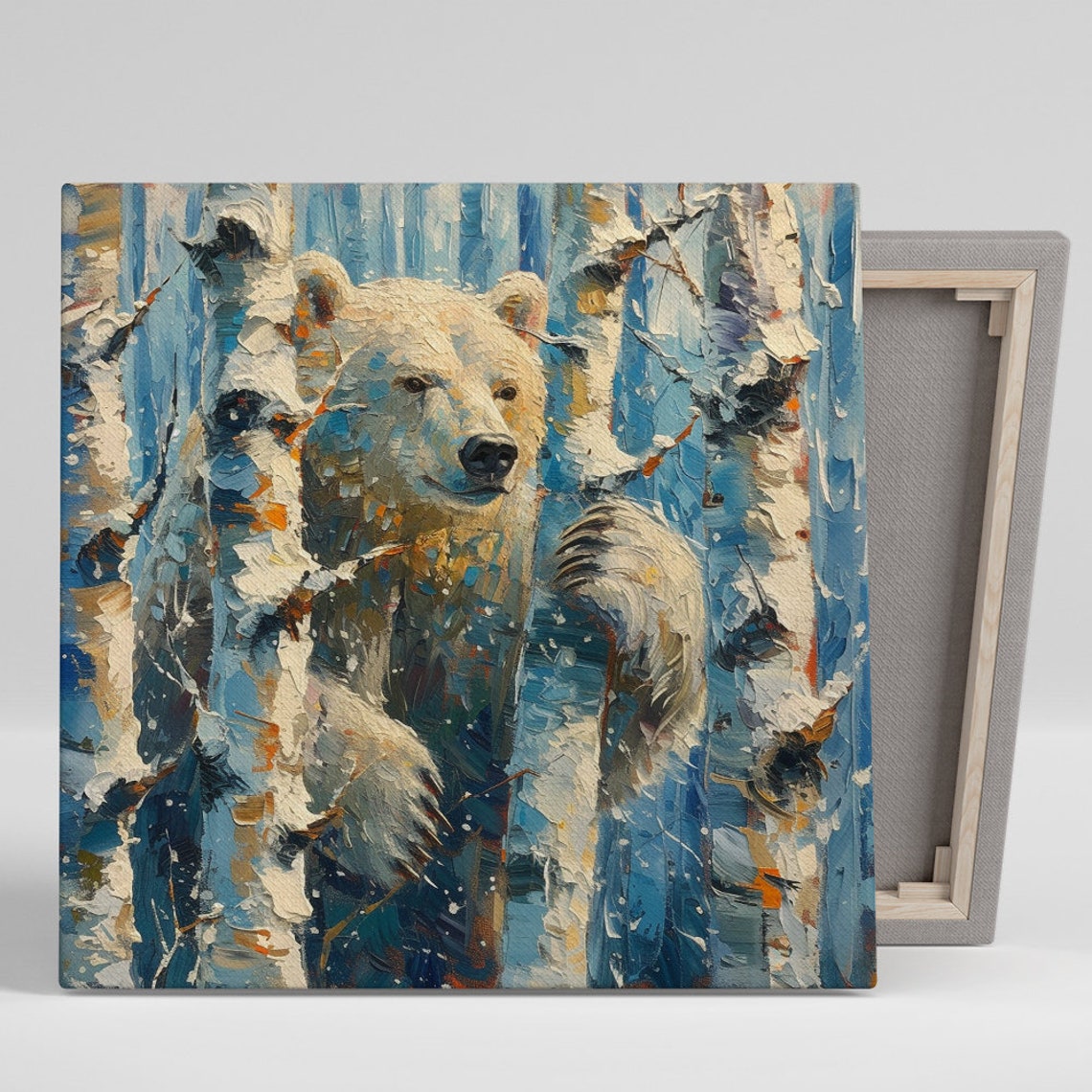 Polar Bear Birch Forest Poster Impasto Snowy Winter Wildlife Decor