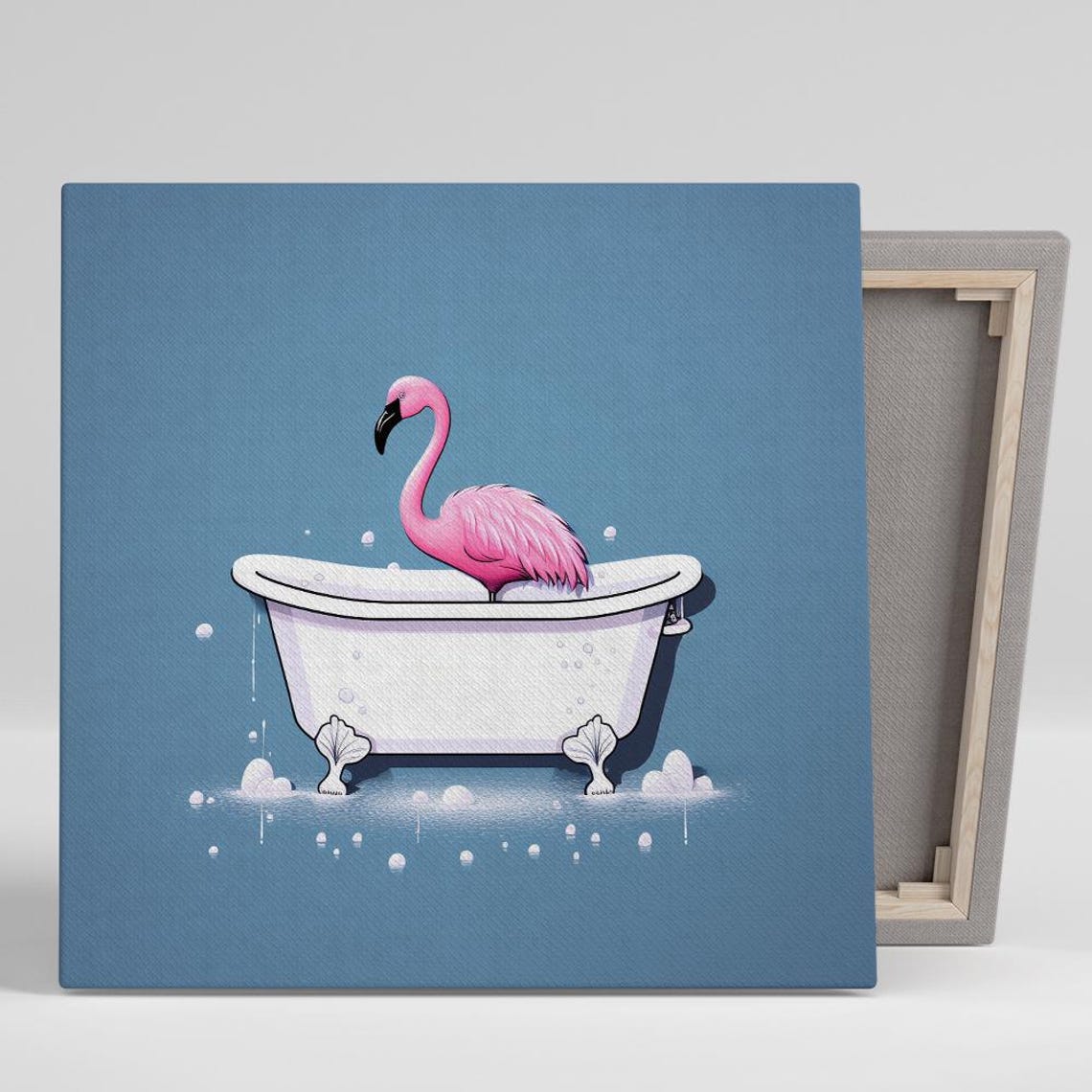Pink Flamingo Bathing in White Tub Bubbles Blue Bathroom Wall Poster