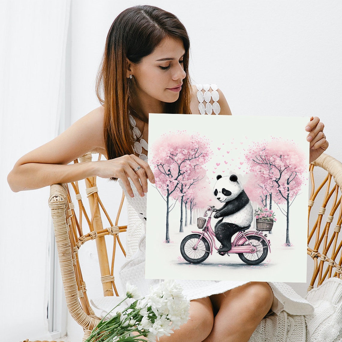 Cute Panda Pink Bicycle Cherry Blossom Ride Whimsical Nursery Poster - Image 3