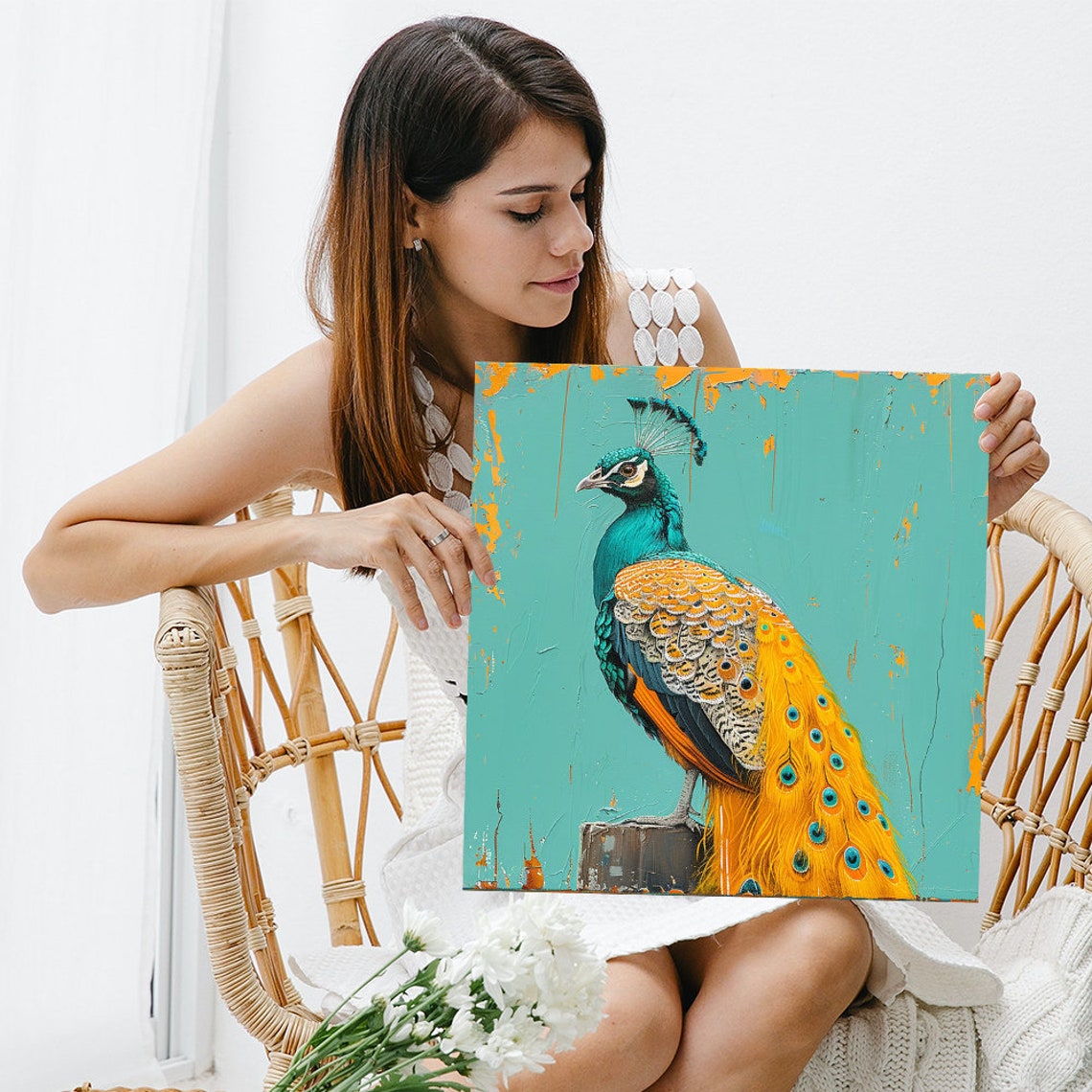 Regal Peacock Golden Tail Feathers Distressed Turquoise Wall Art - Image 3