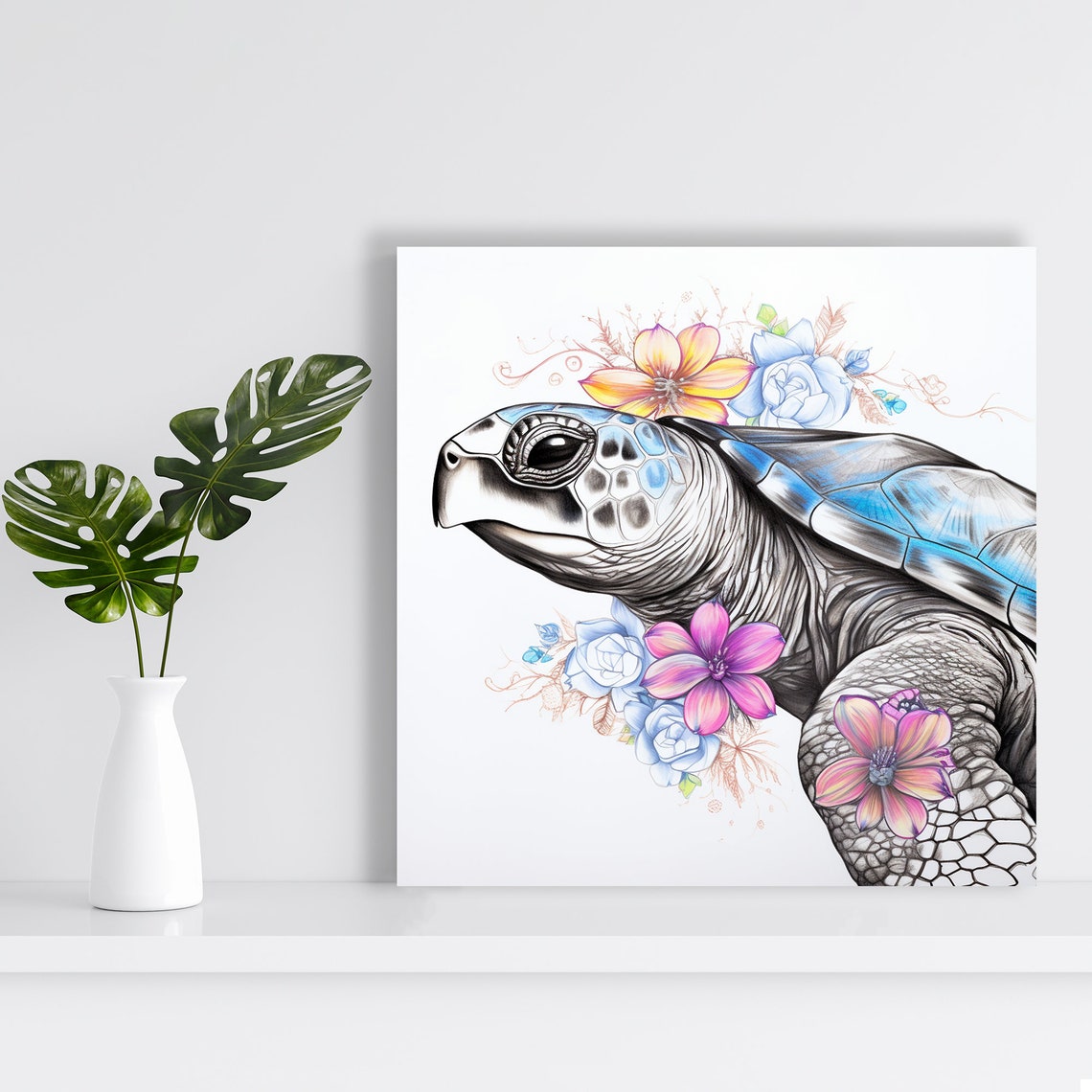 Elegant Sea Turtle with Blooming Flowers Blue Shell Nature Wall Poster - Image 2