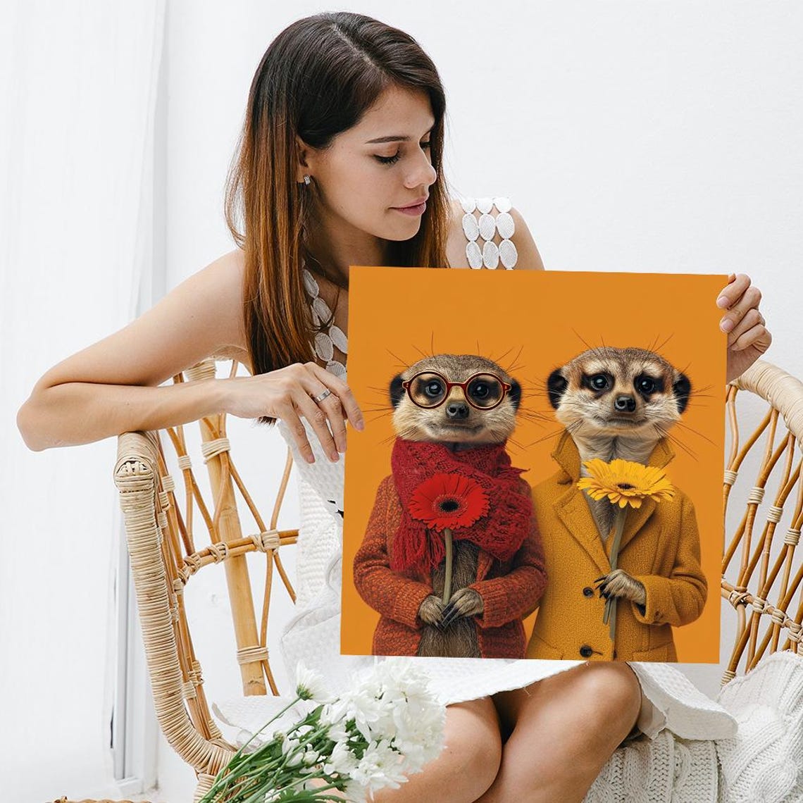 Dapper Meerkat Duo with Flowers Whimsical Dressed Animal Poster - Image 3