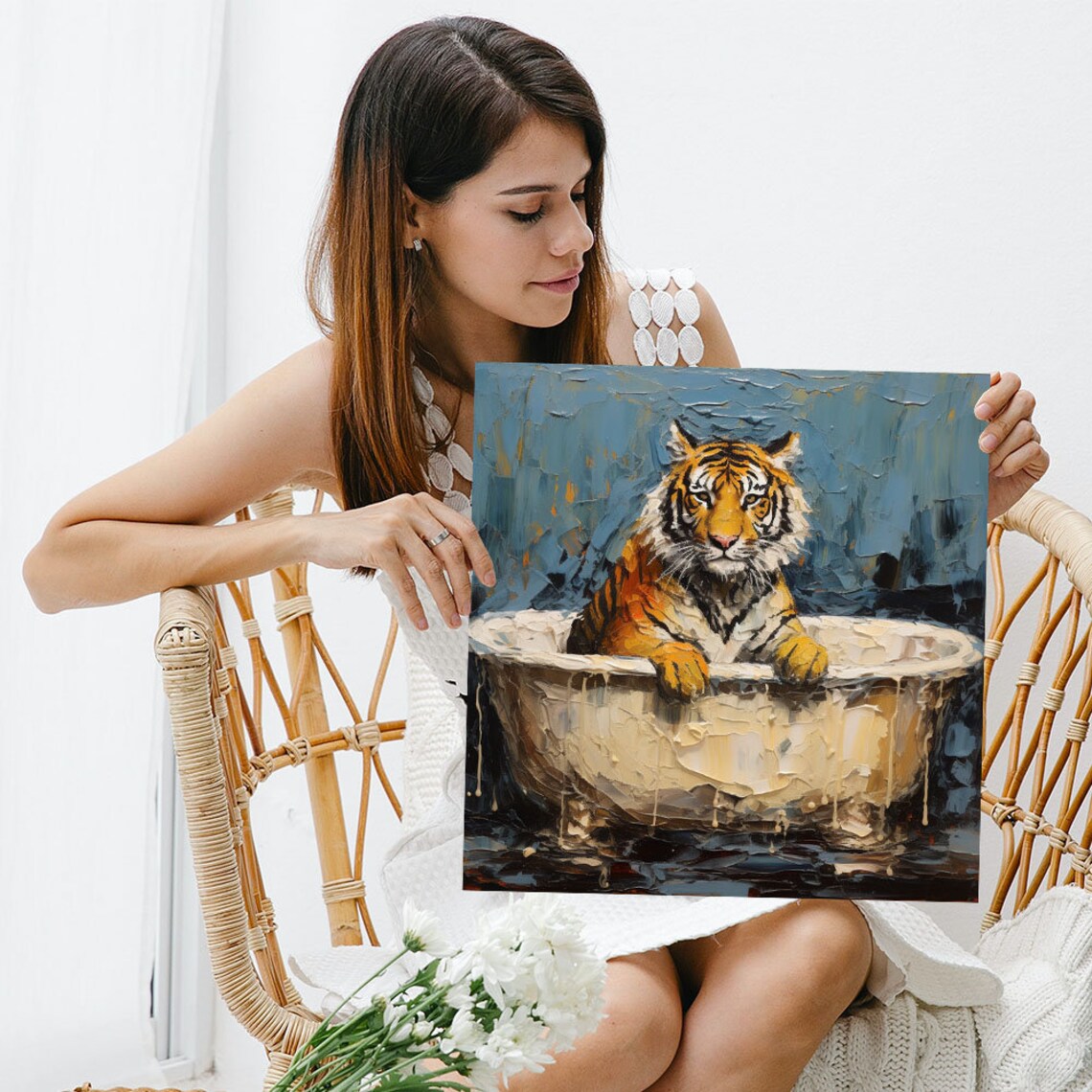 Tiger In Bathtub Impasto Oil Painting Blue Playful Wildlife Art Poster - Image 5