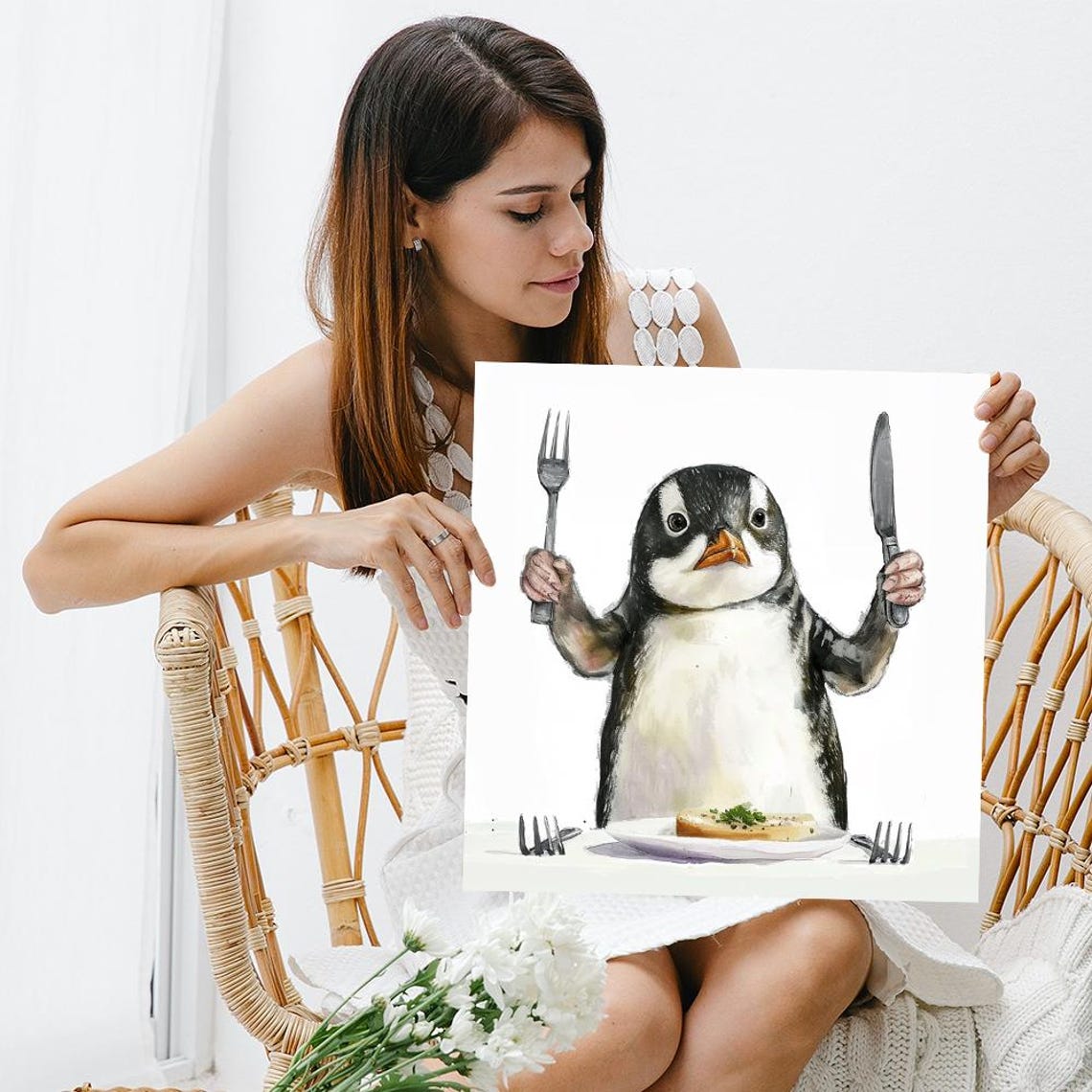 Hungry Penguin Fork Knife Fish Dinner Funny Watercolor Animal Poster - Image 3