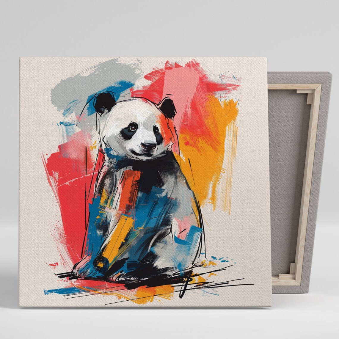 Colorful Panda Portrait With Red Blue Orange Splashes Modern Animal Poster