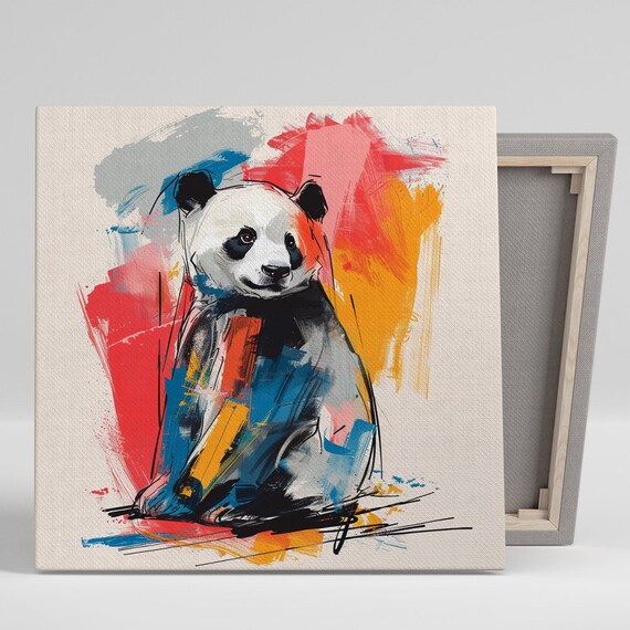 Colorful Panda Portrait With Red Blue Orange Splashes Modern Animal Poster
