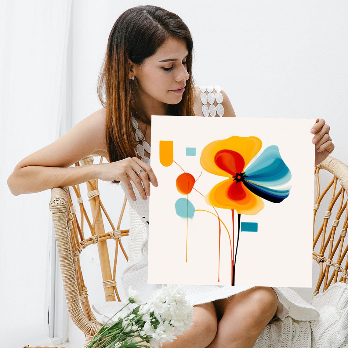 Pop Art Abstract Flower Yellow Teal Geometric Shapes Bright Poster - Image 3