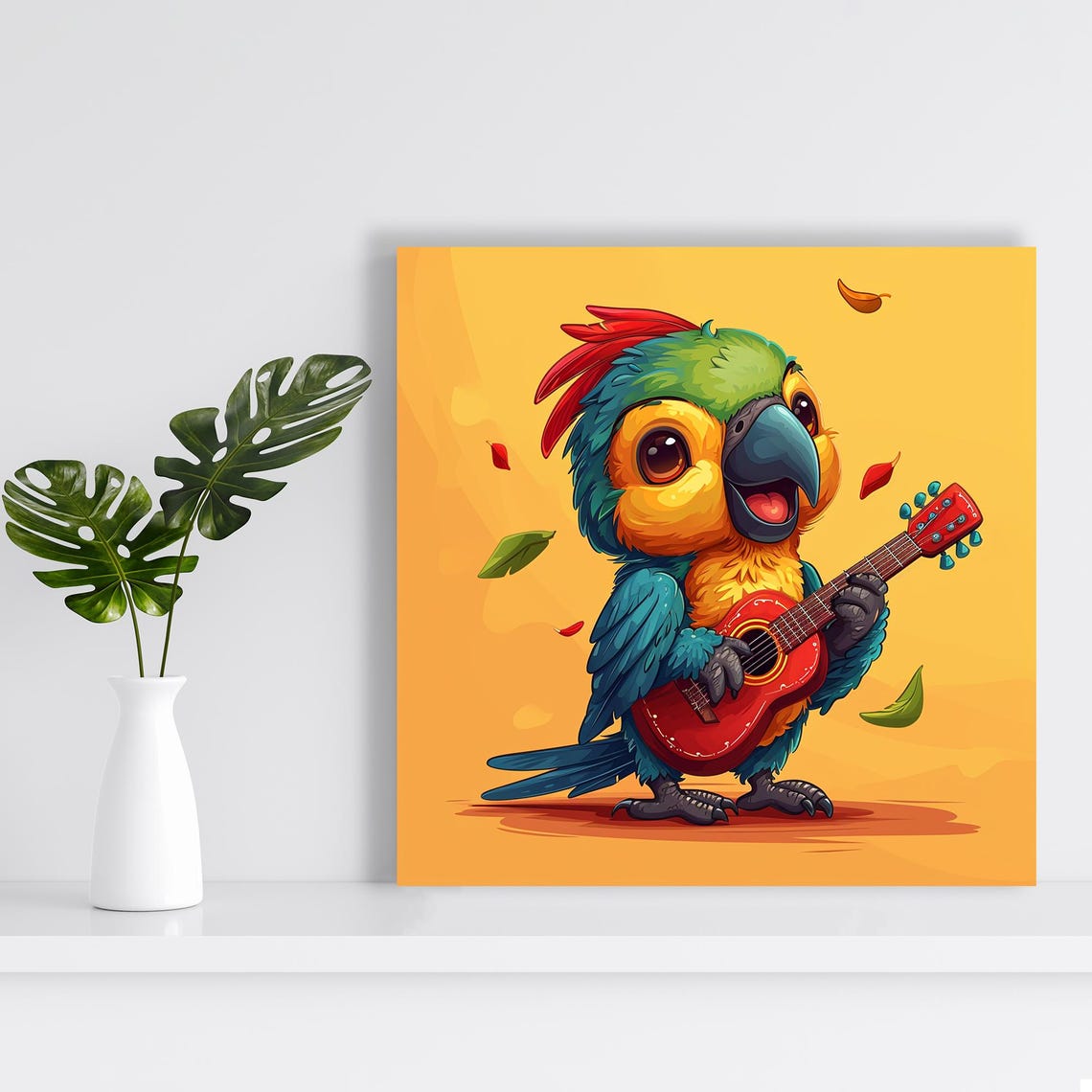 Cute Macaw Parrot Playing Red Guitar Cartoon Music Wall Art Poster - Image 2