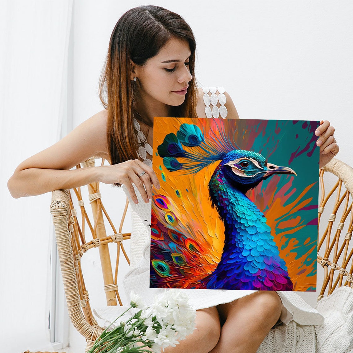 Rainbow Peacock Portrait Orange Teal Background Bold Bird Art Poster - Image 5