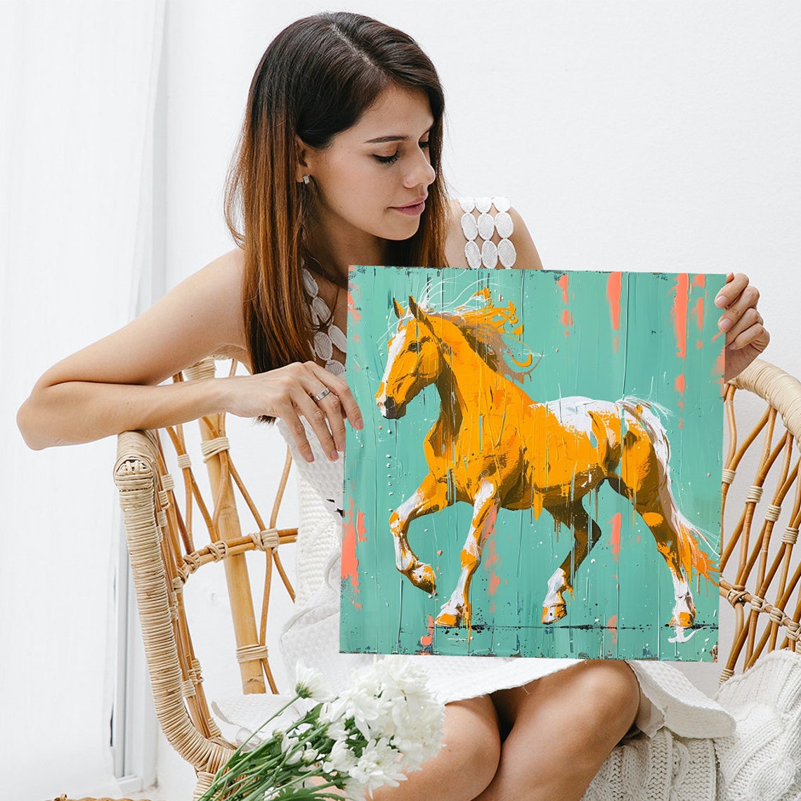 Golden Horse Galloping Poster Teal Splash Dynamic Equine Decor - Image 3