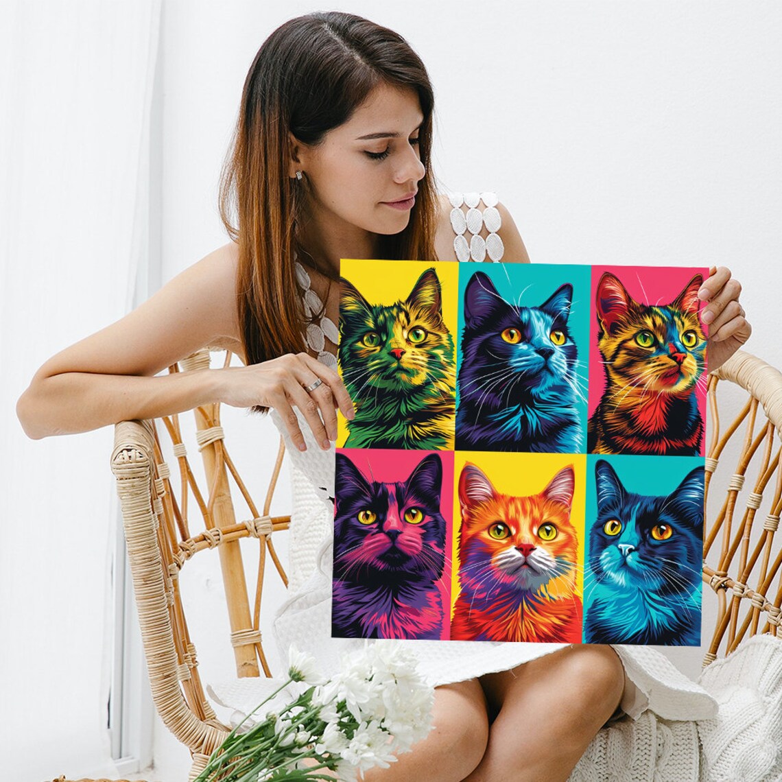 Pop Art Six Cat Faces Grid Bold Neon Colors Modern Feline Portrait Poster - Image 3