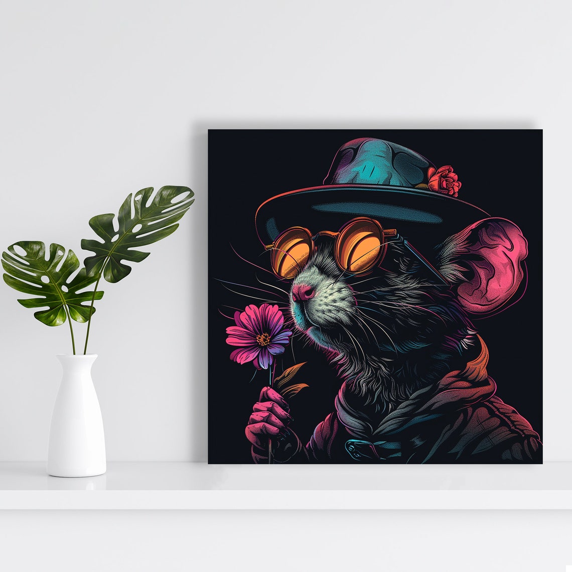Dapper Mouse Neon Sunglasses Bowler Hat Rose Retro Night Pop Poster - Image 2