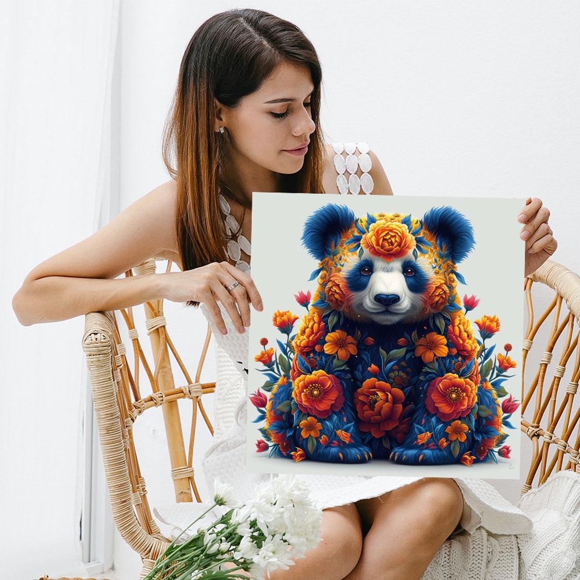 Vibrant Panda Covered in Blue Orange Flowers Folk Art Wall Poster - Image 3