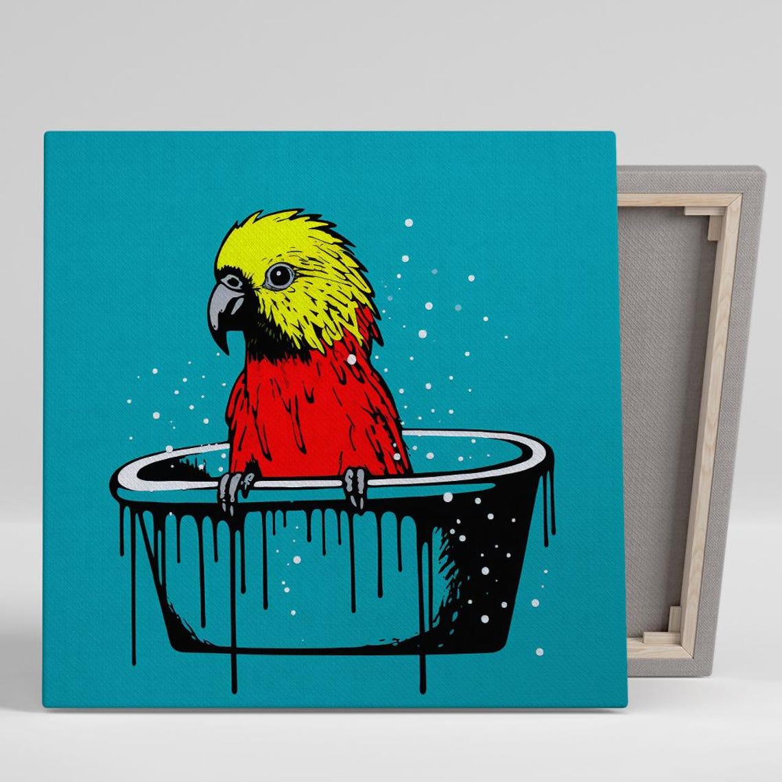 Bathing Parrot in Paint Tub Splash Pop Art Yellow Red Bird Poster