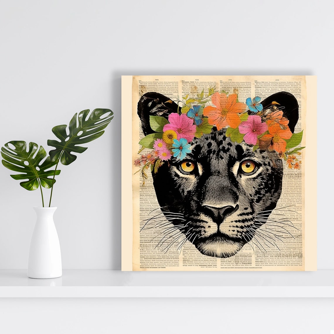 Floral Panther Fusion Art Or Poster Animal Contemporary Decor Living Room Bedroom Office Dining Room Art Black Orange Pink Blue - Image 2
