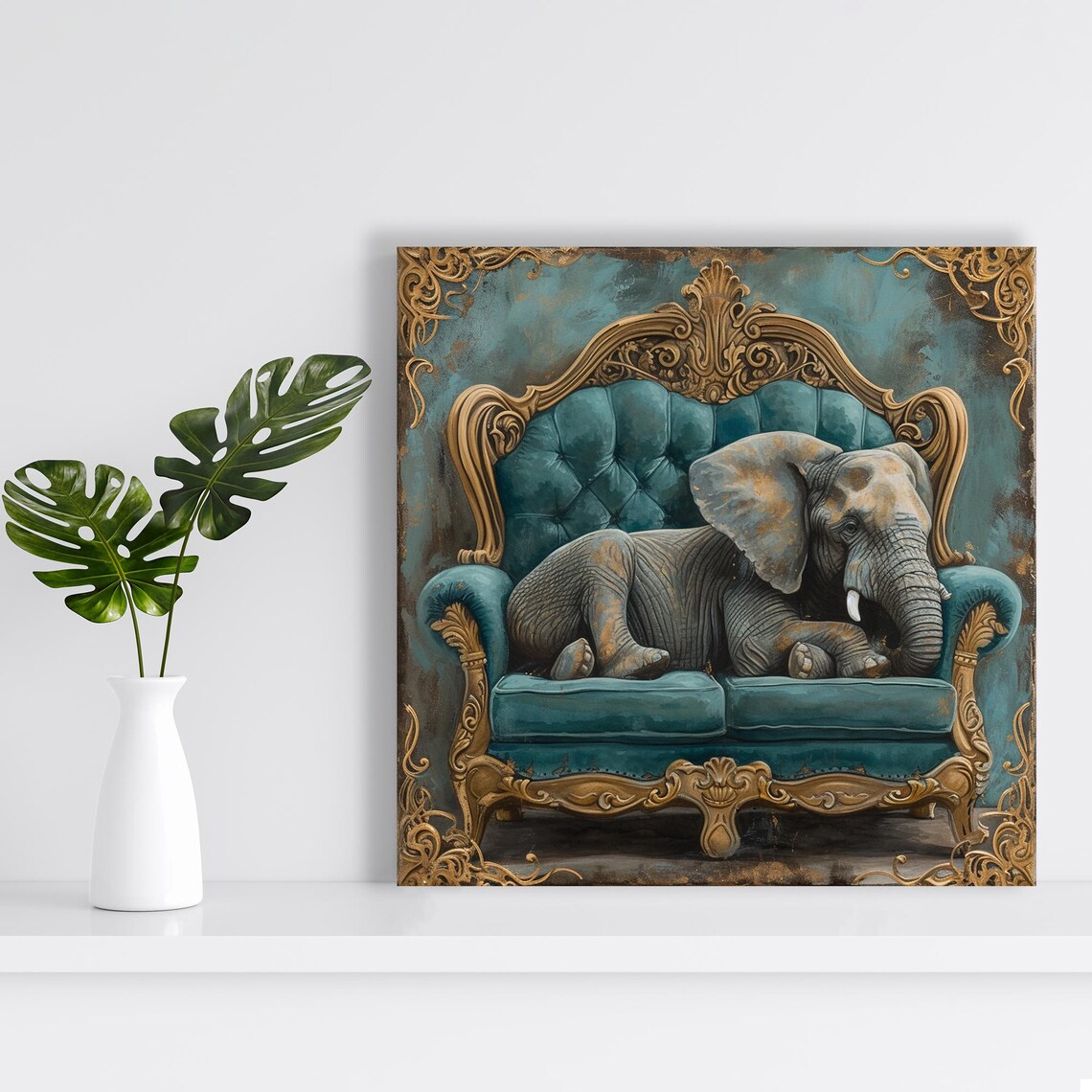 Regal Elephant Repose, Whimsical Baroque Art Print - Image 2
