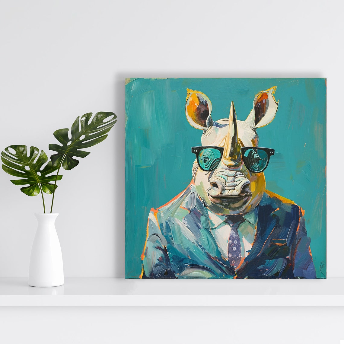 Coolest Rhino In Town Suit Sunglasses Pop Art Teal Office Wall Poster - Image 2