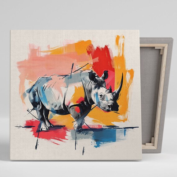 Walking Rhino Abstract Red Blue Orange Wildlife Animal Wall Art Poster