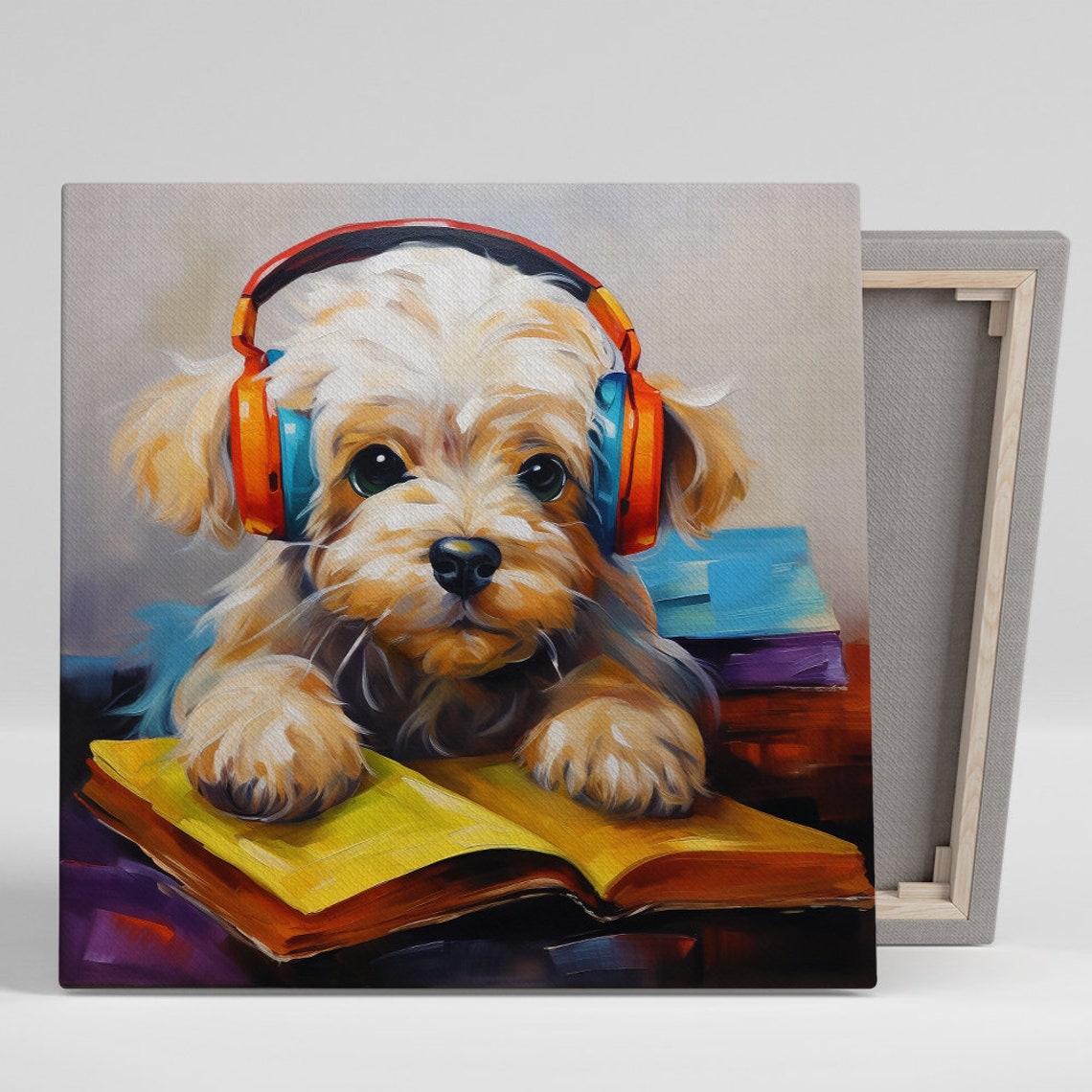 Headphone Puppy Reading Book Cute Oil Painting Dog Nursery Wall Art