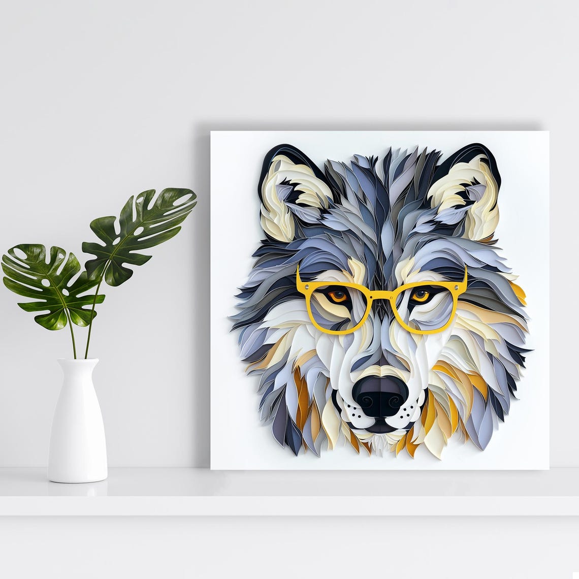 Hipster Wolf In Yellow Glasses Layered Paper Cut Style Art Poster - Image 2