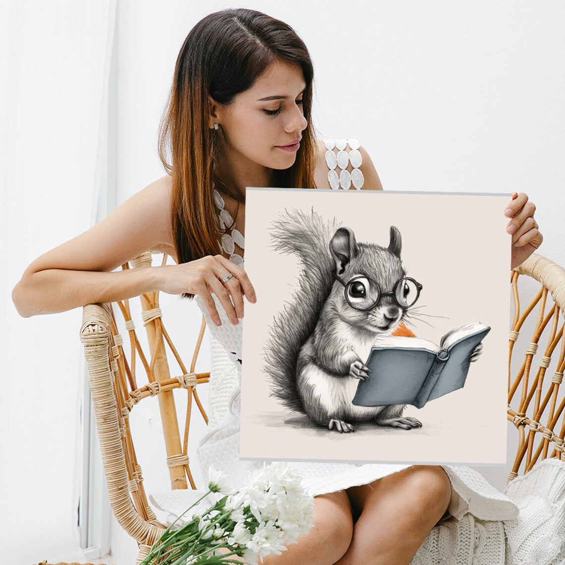 Scholarly Squirrel With Round Glasses Reading Book Vintage Sketch Style Poster - Image 3