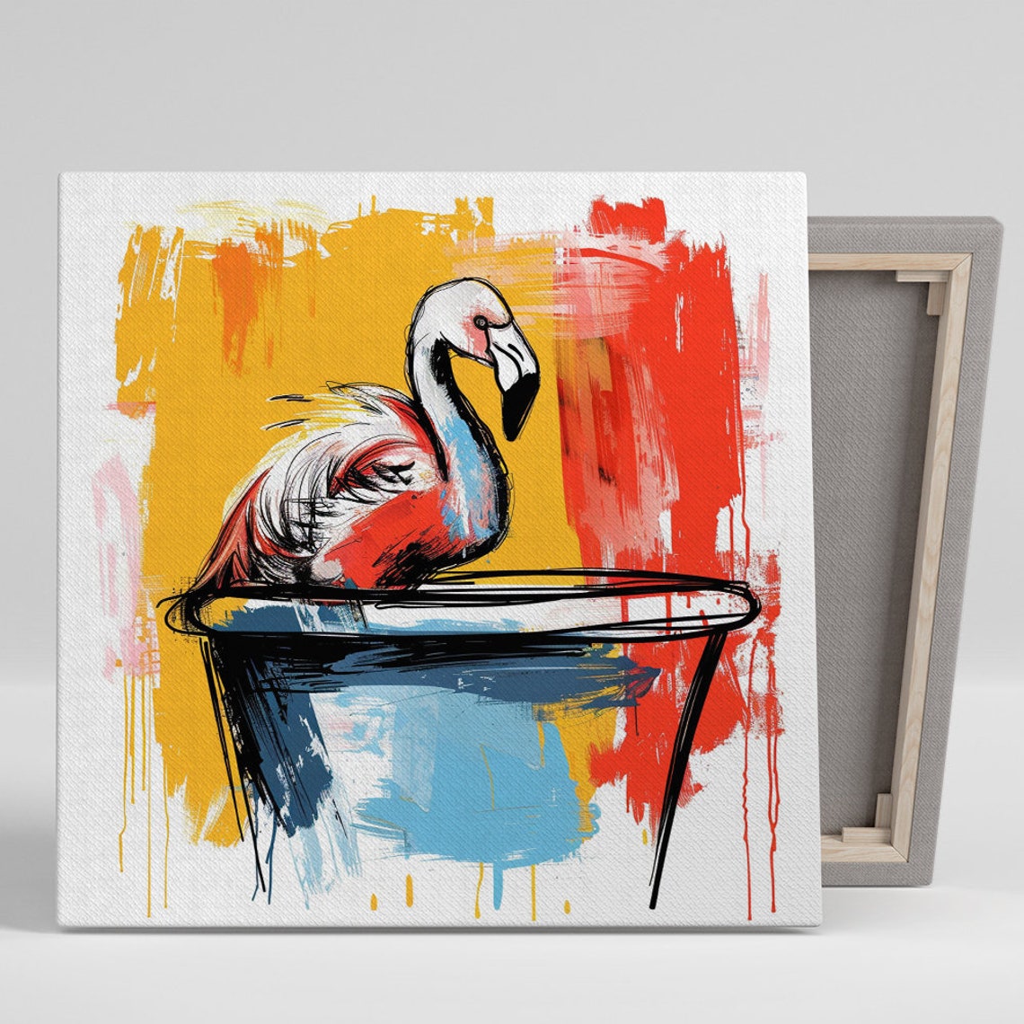 Flamingo Bathing Blue Tub Orange Splash Whimsical Bathroom Wall Poster