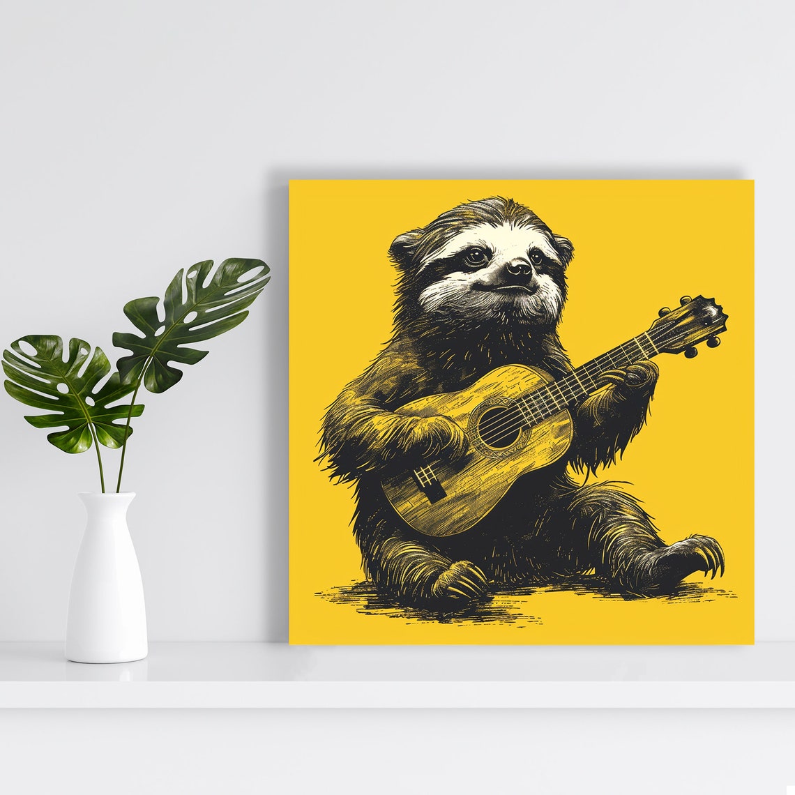 Cheerful Sloth Playing Guitar Black Gold Illustration Yellow Poster - Image 2