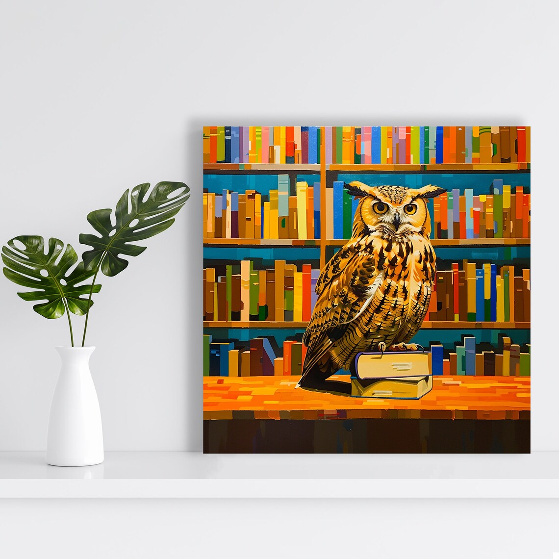 Wise Owl Library Books Colorful Bookshelves Scholarly Animal Wall Poster - Image 2