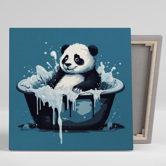 Splashing Panda Baby Bath Time Teal Background Cute Animal Art Poster